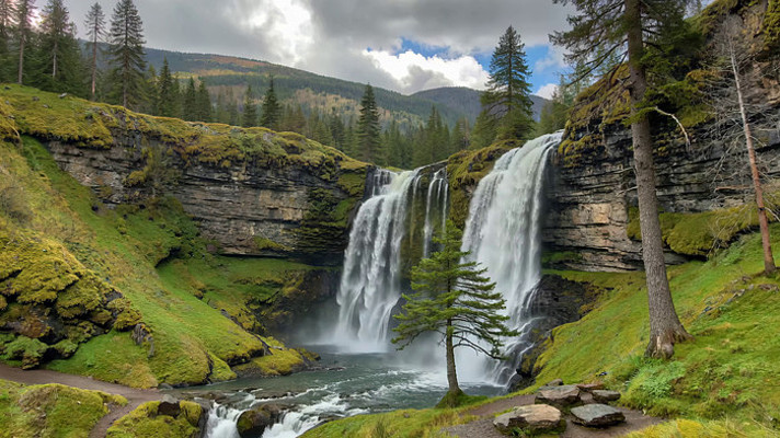 森林中的壮丽瀑布景观 森林中的壮丽瀑布景观