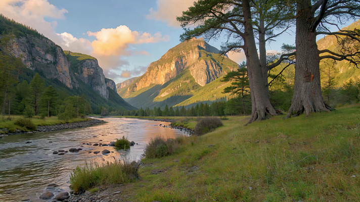 山间河流与树木自然景观 山间河流与树木自然景观