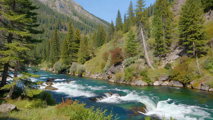 山林间湍急河流自然风光 山林间湍急河流自然风光