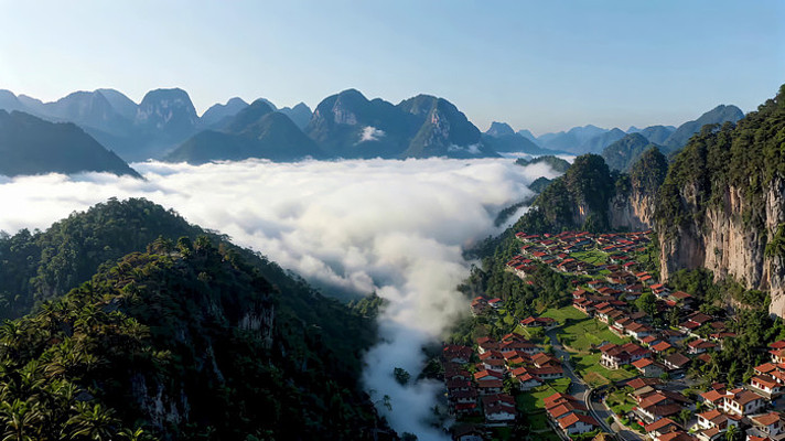 山峦云海间的村庄全景 山峦云海间的村庄全景
