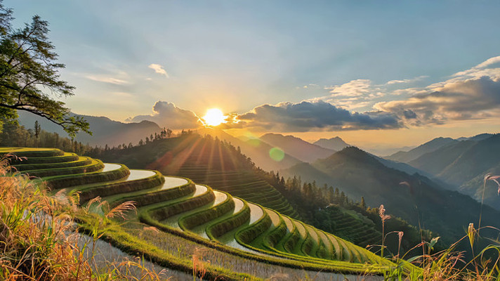 梯田日出自然风光 梯田日出自然风光