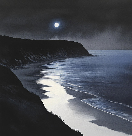 月夜海滩月光下的静谧海岸线 月夜海滩月光下的静谧海岸线