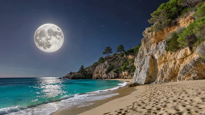 月夜下的海边沙滩与峭壁