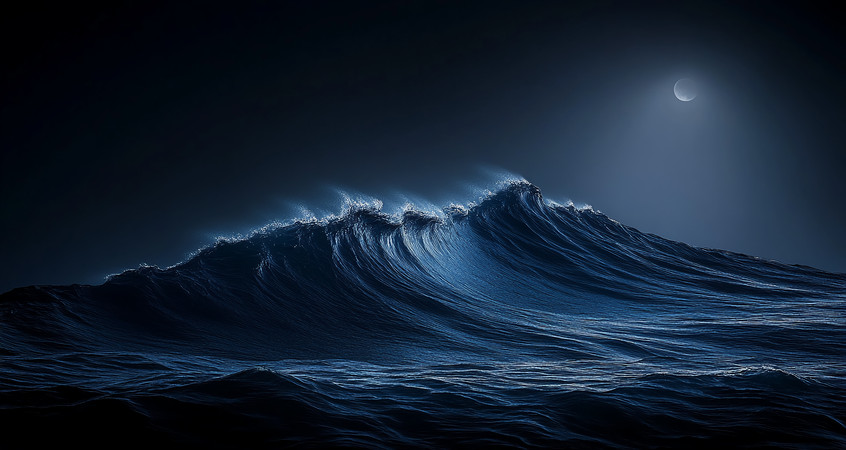 月夜下翻涌的蓝色海浪 月夜下翻涌的蓝色海浪