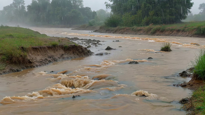 雨中湍急流淌的河流景象 雨中湍急流淌的河流景象