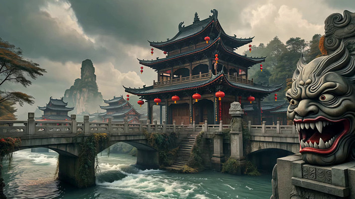 中式古风古建筑桥梁场景