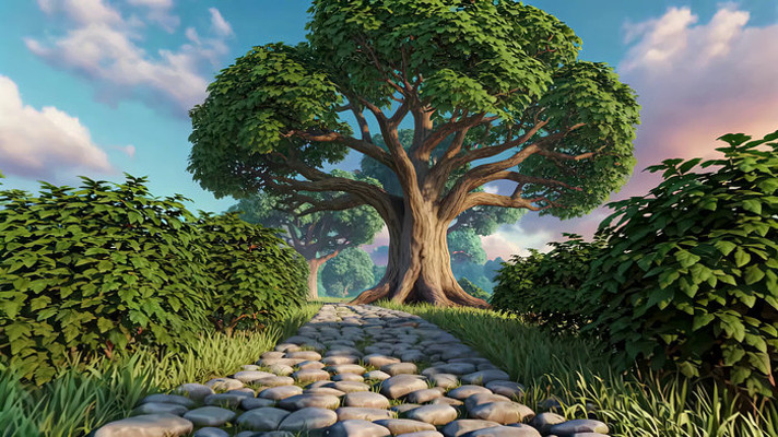 3D渲染森林小径与大树景观 3D渲染森林小径与大树景观