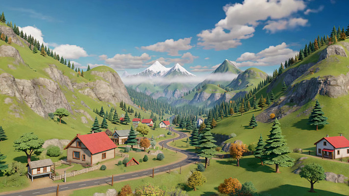 3D渲染山间乡村风光 3D渲染山间乡村风光