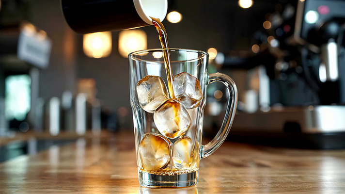 杯中倒入冰咖啡特写