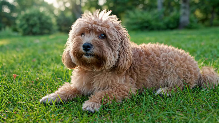 草地趴卧的棕色宠物小狗