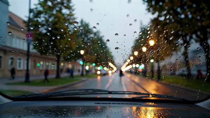 车内视角雨天街道景象