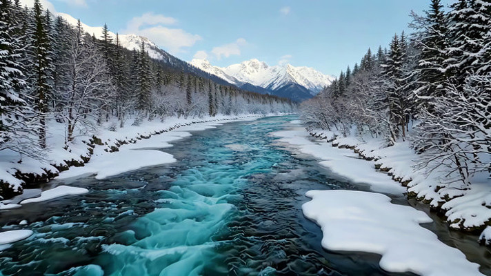 冬季雪山下流淌的河流景象 冬季雪山下流淌的河流景象