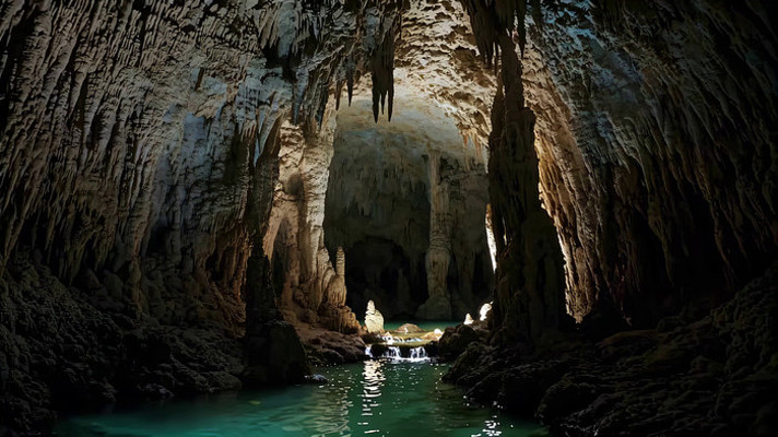 洞穴内钟乳石与地下河景观 洞穴内钟乳石与地下河景观