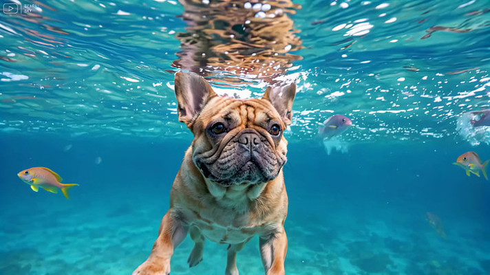 法斗犬在水下游泳 法斗犬在水下游泳