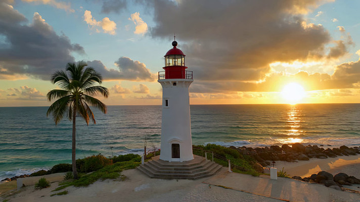 海边灯塔日落全景 海边灯塔日落全景
