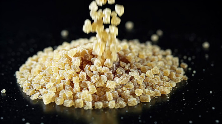 黄冰糖颗粒倾倒特写