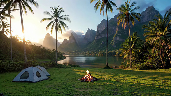 湖畔草地露营场景