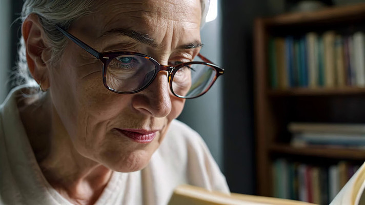 老年女性室内专注看书