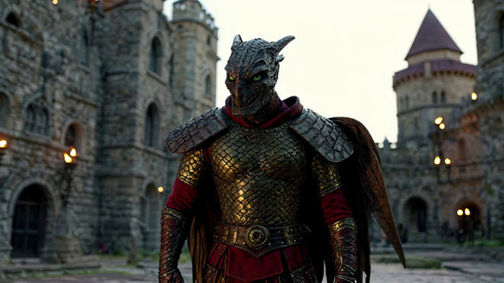 龙形盔甲角色城堡前特写