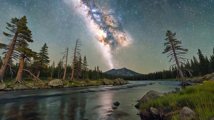 森林河流夜空银河风景 森林河流夜空银河风景