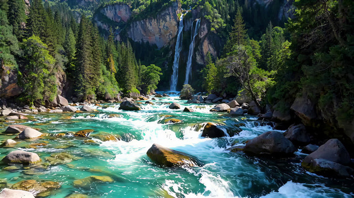 森林中河流与瀑布自然景观 森林中河流与瀑布自然景观