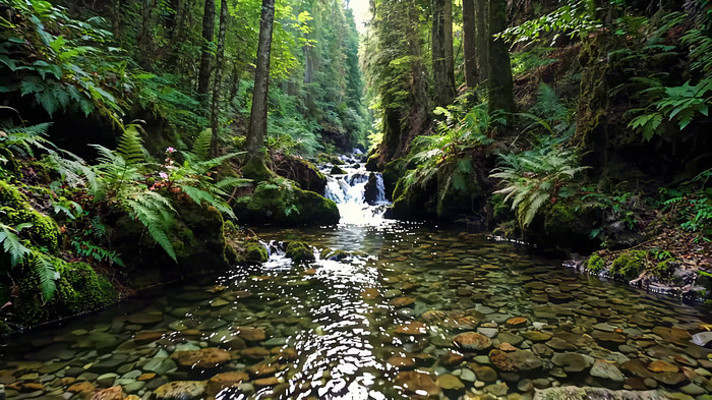 森林中溪流潺潺的自然景观 森林中溪流潺潺的自然景观