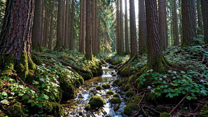 森林中溪流潺潺的自然景象 森林中溪流潺潺的自然景象