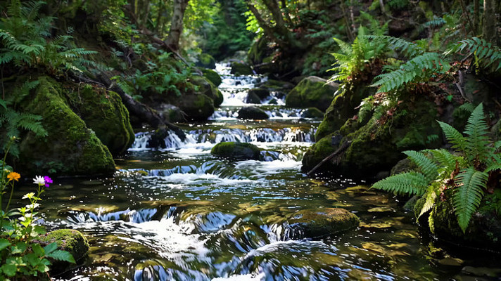 森林中潺潺溪流的自然景象 森林中潺潺溪流的自然景象