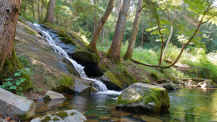 森林中溪流瀑布自然景观 森林中溪流瀑布自然景观