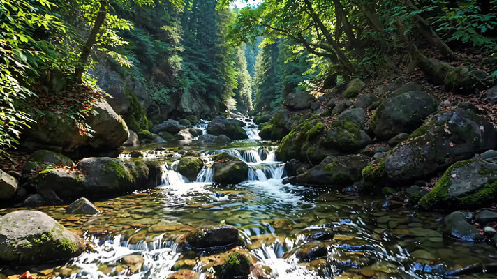 森林中溪流与岩石景观 森林中溪流与岩石景观