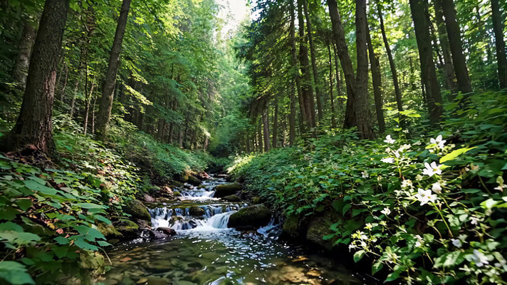 森林中潺潺溪流自然风光 森林中潺潺溪流自然风光