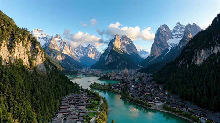 山谷城镇自然风光俯瞰 山谷城镇自然风光俯瞰