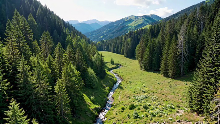 山间森林草地溪流风景 山间森林草地溪流风景
