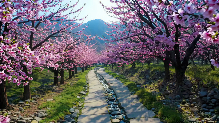 山间桃花盛开的小路风景