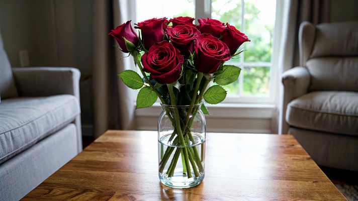 室内茶几上花瓶中的红玫瑰 室内茶几上花瓶中的红玫瑰
