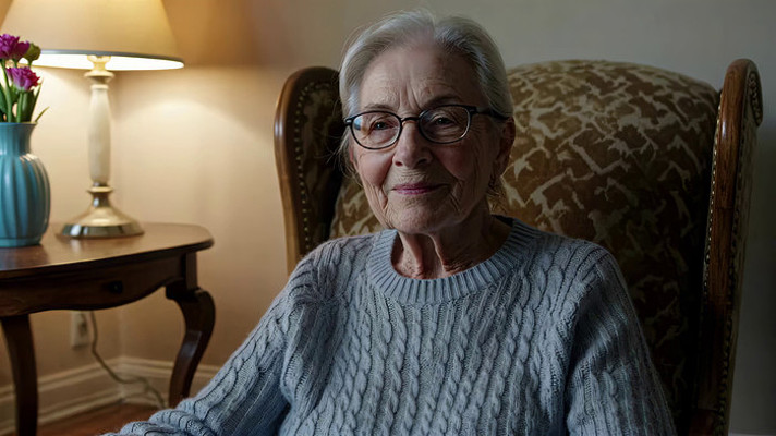 室内坐着微笑的老年女性 室内坐着微笑的老年女性