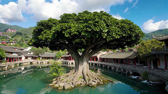 水边古树下的中式古建筑景观 水边古树下的中式古建筑景观