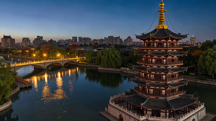 苏州古建筑塔楼河畔夜景
