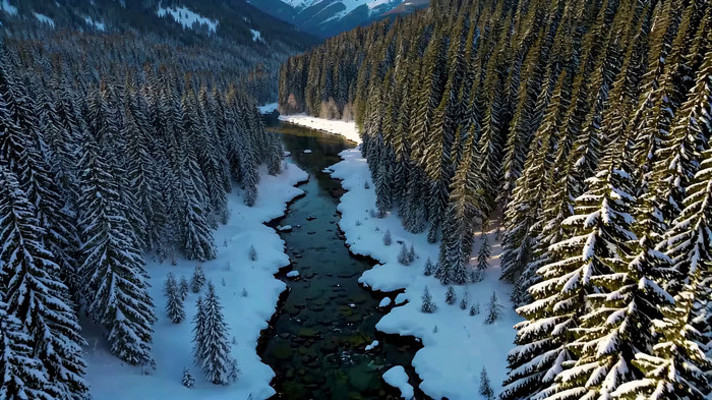 雪山森林间河流俯瞰 雪山森林间河流俯瞰