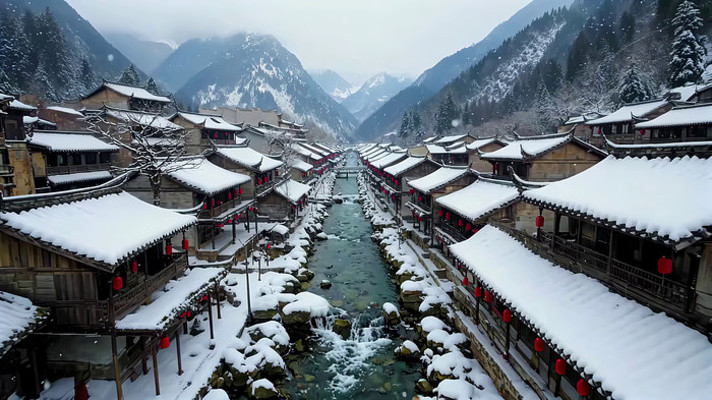 雪中古风村落与溪流全景 雪中古风村落与溪流全景