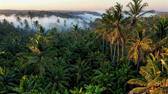椰林晨雾自然风光 椰林晨雾自然风光