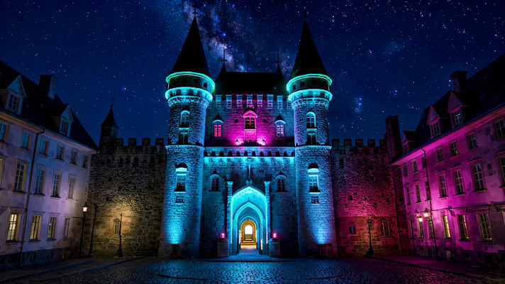 夜晚城堡霓虹灯光秀