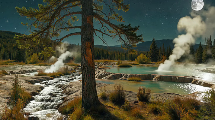 月夜森林边温泉溪流景象 月夜森林边温泉溪流景象