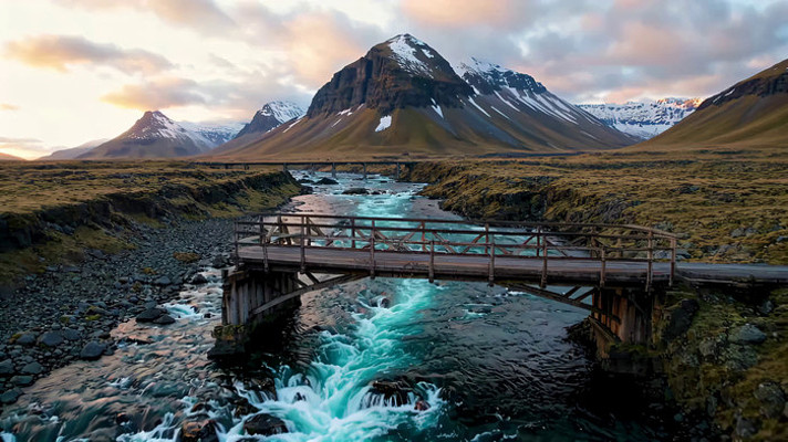 冰岛山间河流木桥风景 冰岛山间河流木桥风景