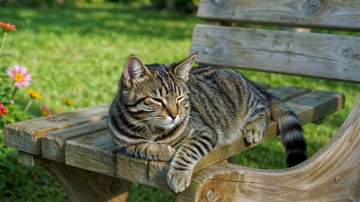 长椅上休憩的花纹猫咪 长椅上休憩的花纹猫咪