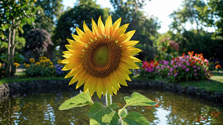 池塘边盛开的向日葵 池塘边盛开的向日葵