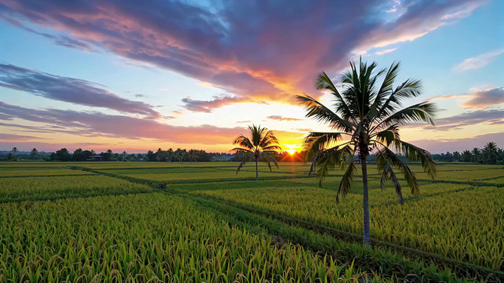 稻田夕阳与棕榈树景观