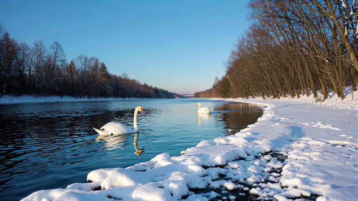 冬季河畔天鹅游弋景象 冬季河畔天鹅游弋景象