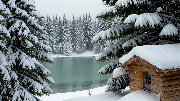 冬日雪覆森林旁的湖畔木屋 冬日雪覆森林旁的湖畔木屋