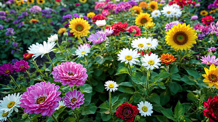 多彩花卉盛开的花园景象 多彩花卉盛开的花园景象